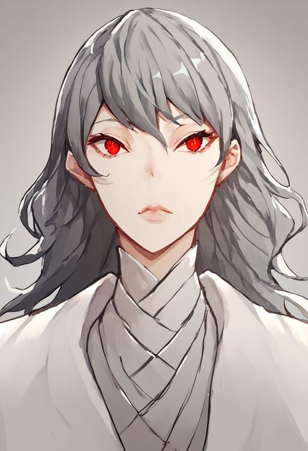 score_9, score_8_up, score_7_up, score_6_up, score_5_up, score_4_up, source_anime, 1girl, 
izanamidef, grey hair, long hair, red eyes, white robe, 
masterpiece, best quality, very aesthetic, absurdres,