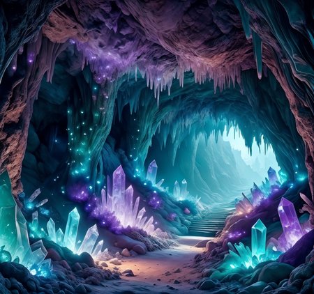 RAW photo, (masterpiece:1.3), subsurface scattering, heavy shadow, (high quality:1.4), (intricate, high detail:1.2), professional photography, HDR, High Dynamic Range, realistic, ultra realistic, photorealistic, high resolution, film photography, ambient lighting, atmospheric effects, <lora:detail_slider_v4:2>, OverallDetail,  <lora:CrystalCaves:1> , green theme, branch, bridge, cave, cloudy sky, cryca, crystal, dark, fantasy, forest, gem, glowing, landscape, light particles, light rays, mountain, nature, no humans, outdoors, purple theme, reflective water, rock, scenery, stairs, sunlight, tree, underwater, very wide shot