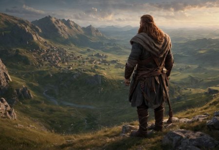 burly dnd dwarf with bushy auburn hair and beard, back to view, standing on a hill overlooking a wide valley dotted with scattered distant bonfires at twilight