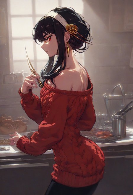 Expressiveh, mai tokiha (Oiled up), score_9, score_8_up, score_7_up, shallow depth of field, godrays, DOF, aperture, aesthetic, high quality, dramatic lighting, intricate details, 1dk, masterpiece, best quality, expressive, solo, 1 source_anime, feminize, soft body, yor briar, black hair, long hair, red eyes, flat chest, solo, jewelry, earrings, hairband, sidelocks, white hairband, doing random house chores, indoors, action pose, kitchen knife, off-shoulder sweater, red sweater dress, bulge, black leggings under sweater,