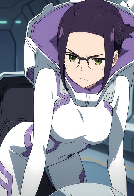 anime screencap, masterpiece, best quality,
<lora:DarlingInTheFranxx_Ikuno_IlluXL:0.9>,
1girl, solo, serious,
folded ponytail, parted bangs, forehead, short hair, purple hair, green eyes, over-rim eyewear,
white bodysuit, hood, purple trim, skin tight,
all fours,
indoors, cockpit, science fiction, blurry background