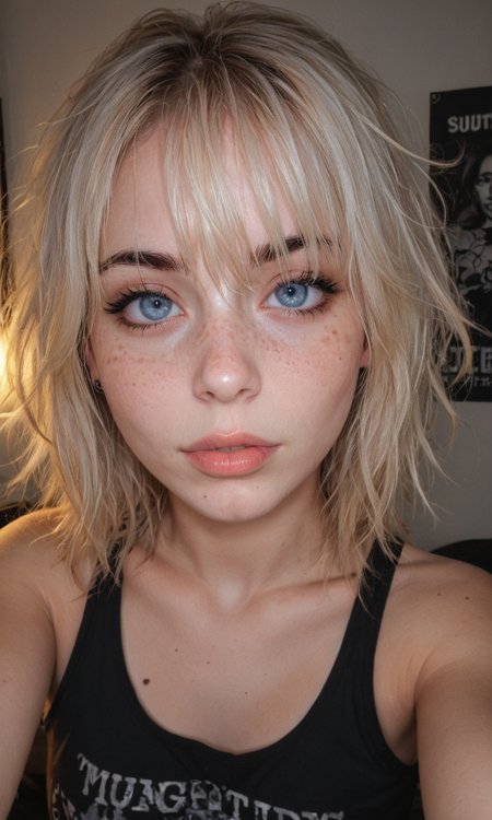 4k selfie with a excited expression, goth girl, deep focus, split-diopter lens, focus on her eyes, cluttered bedroom, posters on walls, warm lighting, long shaggy blonde, bangs between eyes, dark blue eyes, freckles, blush, natural lips, natural eyes, messy hair, black eyebrows, piercings, taking a selfie, bent forward,