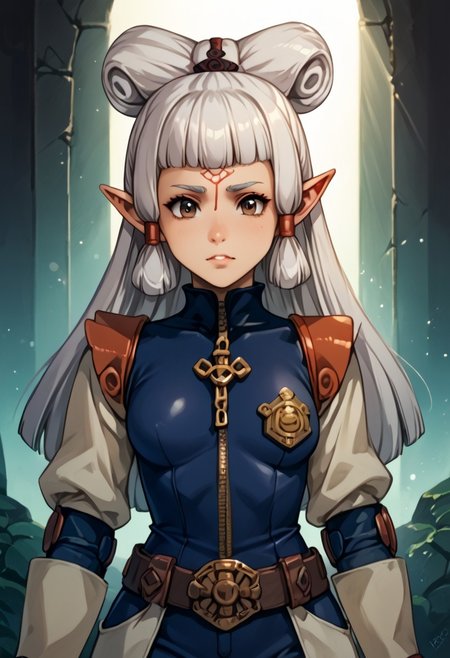 score_9, score_8_up, score_7_up, score_6_up, score_5_up, score_4_up, source_anime, , (best quality) , (highly detailed) , (best quality) , (highly detailed) ,((masterpiece)), ((best quality)), (ultra-detailed), ((extremely detailed)), (high resolution), 4K, (8K), best quality, (beautiful), (dynamic lighting), (super detailed skin), sharp focus, (1_girl, solo focus), masterpiece ,absurdres ,detailed face ,beautiful face , Shiny Skin, bowpaya, paya, elf ears, pointy ears, White hair,  pointy ears, brown eyes, forehead mark
 light rays, (light particles), 
pauldrons, belt, bodysuit, zipper, chain, badge, elbow pads,, gloves, 
 (portrait, Upper body), OverallDetail,