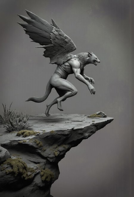 aidmaMJ6.1, Made out of paper, a PaperStyle , d4artstyle, d4concept, , d00mstyle, made of clay, ZBClay model of a gray sculpture
A fantastical creature resembling a winged canine, poised on the edge of a rocky outcrop. The creature has the body of a wolf, with a lean, muscular build covered in thick fur, and powerful legs ending in sharp claws. Its head features lupine characteristics, with a snarling expression and exposed fangs. Large, dark feathered wings extend from its back, giving the impression of a fierce aerial predator. The tail is bushy, adding to its wild appearance. The rocky perch beneath the creature is rugged and covered with patches of moss and small, thorny plants, emphasizing the creature's readiness to take flight. The scene combines elements of fantasy and the natural world, with a focus on the creature's dynamic pose and fierce nature.
Background solid color with a faded dimly lit, fog-covered darkness tone that emphasizes its silhouette. 
 The medium is not a traditional painting or illustrative medium like watercolor or ink but rather a digital rendering, eerie and unsettling.