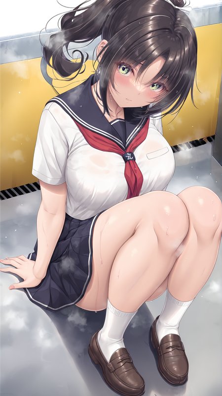 amazing quality,absurdres,best quality,masterpiece,highres,newest,detailed,detailed body,detailed face,masterpiece,best quality,solo,
500mlheya,1girl,solo,school uniform,serafuku,ponytail,green eyes,breasts,short sleeves,black hair,red neckerchief,sailor collar,shirt,long hair,white socks,loafers,<lora:500mlheya:1>,