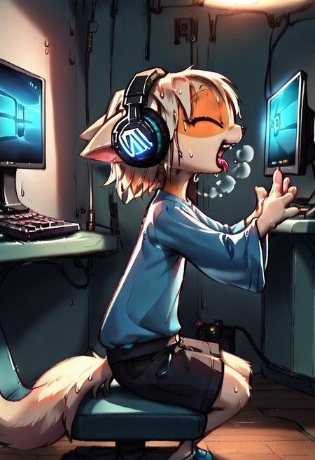 <lora:Paige_v2_r1:0.8>,
score_9,score_8_up,score_7_up,paige,
1girl,solo,furry,
sweat, dutch angle, side view, high quality, hires,, fluffy, detailed background, detailed eyes, emotional, light negative, split lighting style, 
gamer girl,  detailed face, , mouth wide open, yawning, big yawn, blouse stretching, stretching, hands up, mouth wide open, detailed teeth, realistic teeth, detailed tongue, realistic tongue, tongue sticking out, l, she strokes her stomach, sitting on a chair, indoors, game room, headphones,  beautiful, sitting in front of computer,