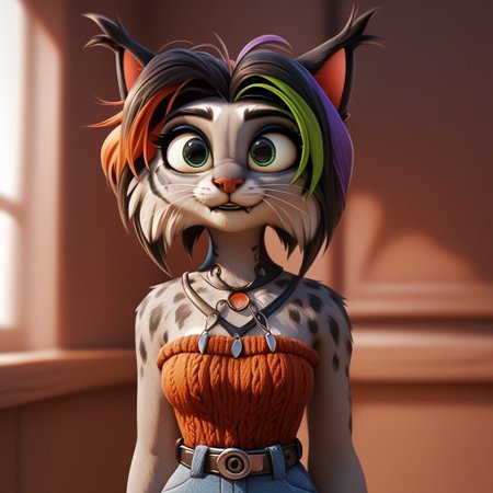 digital_media_(artwork) hi_res, score_9, score_8_up, score_7_up, score_6_up, score_5_up, score_4_up, rating_safe, beautiful, intricate, high quality details, highly detailed, amazing quality, anthro, furry, female, detailed textured fur, fur tufts, fluffy,  cute, cute face, small, detailed sexy eyes, solo, SFW, lynx, expressive, sassy, long sleeveless halter neck sweater, baggy denim pants, clothed slim, clothed slender, clothed skinny, multicolored hair, streaked hair, absurdres, highres, goth, heavy eyeliner, heavy eye shadow, breasts, fingerless gloves, sleeveless leather jacket, vivid colors, by zazush-una