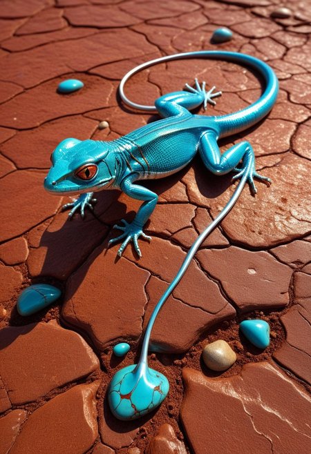 small polished and shiny turquoise peebles scatered on a grainy and dusty red flat rock, a delicate lizard made out of liquid chrome, tendrils spreading on a red flat rock, veins of silver and liquid chrome  running on a red rock formation, dusty and rocky ground, photorealism, 4k, photorealistic, deep tones,  navajo sacred site, immense sky, cloudy rumbling strom brewing at the horizon,