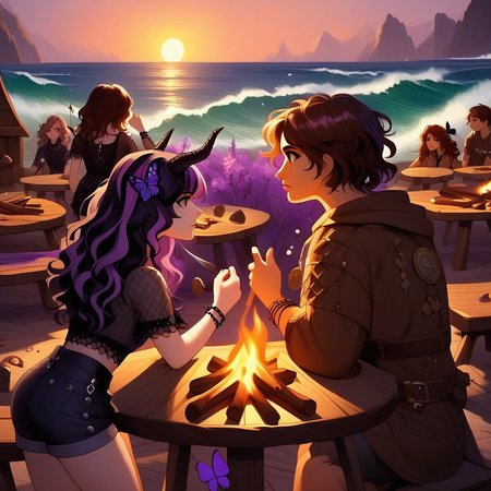bddstyle, dinosaur, looking afar, two-tone hair, day, purple flower, brown hair, see-through, demon horns, campfire, waves, table, bracelet, medal, wavy hair, brown coat, 1other, sunrise, arrow (projectile), gothic, denim shorts, brown skirt, shorts, butterfly hair ornament, tank, wizard, holding knife