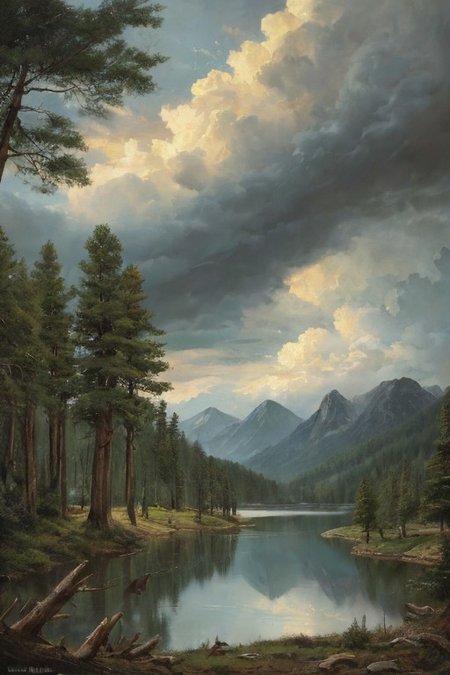Masterpiece, high-resolution, oil painting, tall mountains, pine forest, log cabin, lake, large thunderstorm clouds in the distance