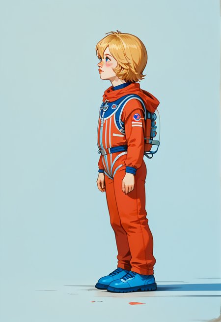 score_9, score_8_up, score_8_up, perfect drawing, sharp lines, absurdres, 
1girl, solo, alisattp, (full body:1.2), 
blonde hair, blue eyes, blush stickers, hair between eyes, bangs, red bodysuit, spacesuit, short hair,
Dynamic lighting, shading, detailed, from side,  thighs, feet, standing,
simple background,  looking up,
1980s \(style\),
d3t41l3d,  <lora:d3t41l3dXLP:0.6>, <lora:alisattp_pdxl:1>
