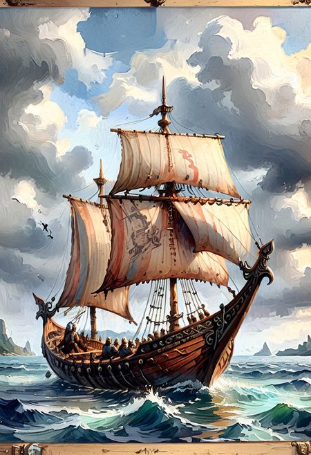 large Viking boat, oil painting , story board illustration, intricate details