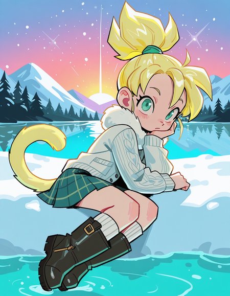 1girl, solo, <lora:knuxze:1> knuxze,
<lora:Chilie:0.8> chi1i, monkey tail, flat chest, looking at viewer, super saiyan, yellow hair, yellow tail, aqua eyes, long hair, high ponytail, child, winter fashion, long cardigan, plaid skirt, overknee socks, boots, muffler, (long shot), resting by a frozen lake, detailed face, located in a winter scene at a wintry snowy trail during sunset with icy weather, illuminated by festive holiday lights, creating a wondrous,peaceful atmosphere, extremely detailed, highres, masterpiece, best quality