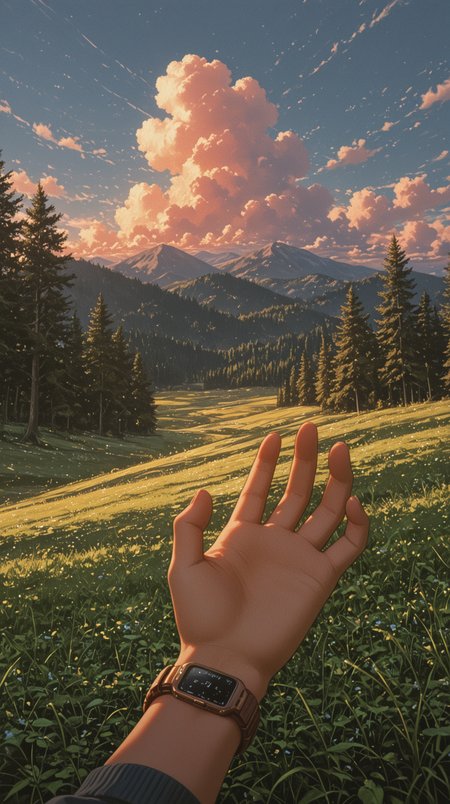 masterpiece, best quality, (anime coloring), 
pov, outstretched hand, male hand, wristwatch, brown watch, sleeves pushed up, cloudy sky, detailed sky, mountains, forest, grassy field, trees, nature, landscape, sunny, outdoors, meadow, open fields, high detail, painted background, semireal, vibrant colors, soft lighting, shading, cinematic lighting, serenity, slice of life, minimalism, wanderlust,