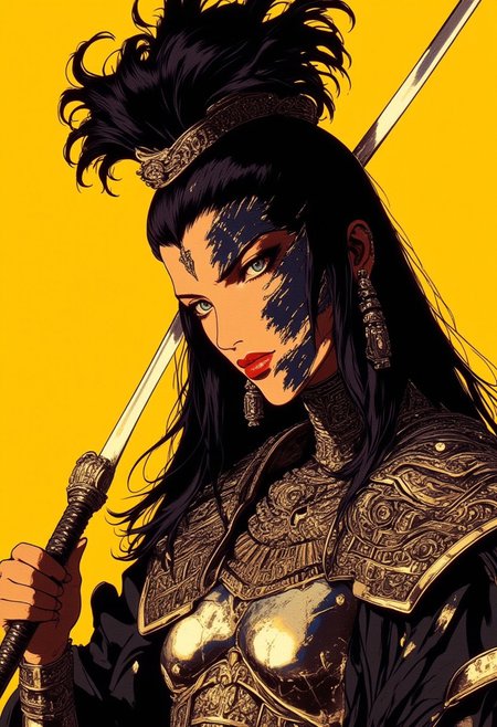 A high-resolution, hyper-realistic photograph of a fierce woman with fair skin and long, black hair styled in an elaborate, messy updo, with loose strands framing her face. Her bold red eyeshadow extends sharply past her eyes, complementing her deep red lips, creating an intense and commanding presence. She wears a black and white kimono adorned with intricate Aztec patterns, its fabric partially torn and shredded, revealing glimpses of her toned physique and a heavy chain necklace resting against her collarbone. Over the kimono, she wears a sculpted chrome silver breastplate, engraved with intricate patterns and shimmering with light-catching reflections, adding a futuristic, battle-worn elegance. In her hand, she wields a katana with a golden handle, its blade gleaming under the light, held in a poised yet aggressive stance. The vivid yellow background contrasts sharply with her dark attire, intensifying the dramatic effect of the scene. The composition captures a raw blend of strength and vulnerability, merging traditional cultural elements with modern, avant-garde aesthetics in a striking, cinematic fashion.