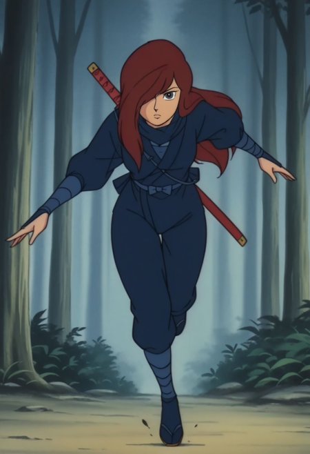 masterpiece, best quality, anime screencap, anime coloring, female focus, full body, solo, forest, ninja jump, throwing needles,  
1girl, looking at viewer, expressionless, 
<lora:0na:1>, 0na, black eyes, red hair, brown hair, long hair, hair over one eye, lips, (ninja clothes:1.2), single weapon, single katana, 1960s \(style\), retro artstyle,