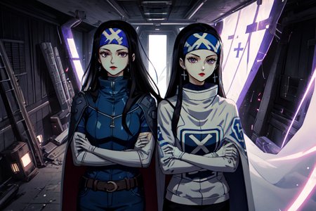 highly insanely detailed, masterpiece, top quality, best quality, highres, 4k, 8k, RAW photo, (very aesthetic, beautiful and aesthetic),  
beth_\(megami_tensei\),bethsmtii,shin megami tensei ii,long hair,black hair,straight hair,sleek black,jewelry,cross,headband,red_lipstick,bandana_with_messian_symbol,Religious_bandana,symbol_headband,messian_church_bandana,messian_cross_earrings,cross_earrings,religious_earrings,messian_symbol_jewelry,white cape,cape_with_messian_symbol,Religious_cape,messian_symbol_cape,holy_knight_cape,katana,sword, 
<lora:zs_Beth:0.7>, 
(1girl:1.3), 1other, 
metal partition,(ã·ããã¢ç¾æ¯,100-sights-of-sidonia),tsutomu nihei,nihei_tsutomu,blame!,blame gakuen!,abara,TNstyle,sidonia_no_kishi,(stairs,space,spacecraft,sidonia \(ship\),giant room,tunnel,mausoleum,megastructure in background),dark background,biomachine,bioluminescence,flock,open space,scenery,ultra wide angle,HDRI Panorama View,(pure magenta background,transparent background:1.2),âââ