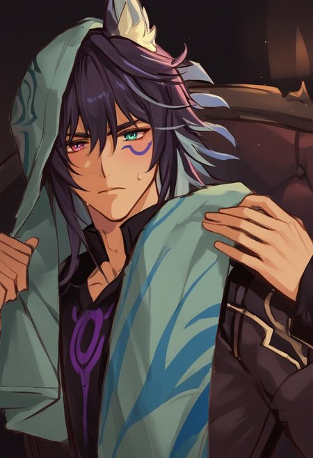 1boy, solo, male focus, animal ears, animal ear fluff, fox ears, ororon_(genshin_impact), black hair, spiky hair, messy hair, purple tint hair, green highlight, multicolored hair, wolf cut hair, hair between eyes, bangs, tan skin, Heterochromia, one green eye, one purple eye, facial marks, facial tattoo, fox boy, slim face, detailed eyes, satisfaction, satisfied, neutral, detailed face, slim face,
dark theme, intense shadow, intimidating, chest close to viewer, dark light, no light, dark out, shadow, 
casual clothes, sweaty hair, long sleeves, looking at viewer, from side view,
sweating, sweat, steaming, heavy breathing, front view, seductive, romantic, in a sofa, towel on shoulder, (lounging:1.1), relax
rating PG, score_9,score_8_up,score_7_up, source_anime, male focus, manly, tall, detailed eyebrow, sharp eyebrows, focus on thigh, thigh focus, random view