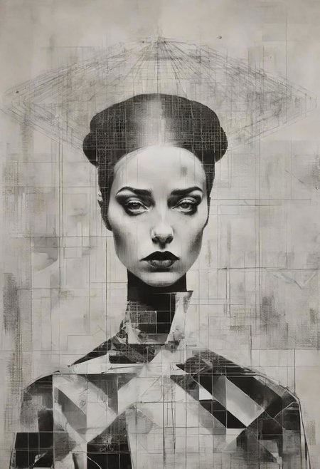 pop surrealism, rough crosshatch drawing pop art Lunatic_Portrait of a girl in latex, slick back, low bun, black makeup, avant-garde, abstract, weird, geometric, constructivism, suprematism, rayonism, verticism, tj