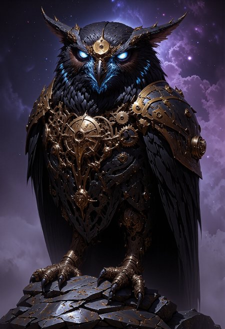 A sleek, metallic owl with gears visible under its translucent, black feathers. Its eyes are glowing with a sharp, neon blue light, and a golden mechanical crescent moon is embedded on its forehead. The owlâs wings are slightly extended, revealing intricate clockwork mechanisms underneath. The background is a starry sky with a soft violet nebula, and the owlâs reflection is visible on a polished metallic surface below it. The style is a blend of steampunk and futuristic design, with an emphasis on detailed mechanical components.     <lora:FluxMythP0rtr4itStyle:0.53> MythP0rt, <lora:dark_fantasy_flux:0.83> <lora:FredFraiStyle-FLUX-Share:0.63> <lora:sxz-Dark-Fantasy-v2-Flux:0.33> drkfnts style, <lora:flux.1_lora_flyway_Epic-Characters_v1:0.43>