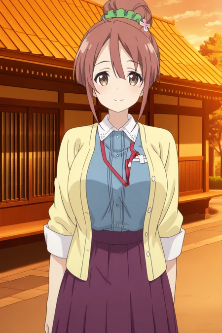 anime screenshot, 1girl, solo, shinomiya shiori, brown hair, single hair bun, green scrunchie, hair scrunchie, hair flower, brown eyes, large breasts, yellow cardigan, open cardigan, blue vest, white shirt, collared shirt, long sleeves, sleeves rolled up, purple skirt, pleated skirt, long skirt, lanyard, looking at viewer, smile, cowboy shot, outdoors, masterpiece, best quality, high quality, highres, absurdres,  <lora:shinomiya_shiori_ILXL:0.9>