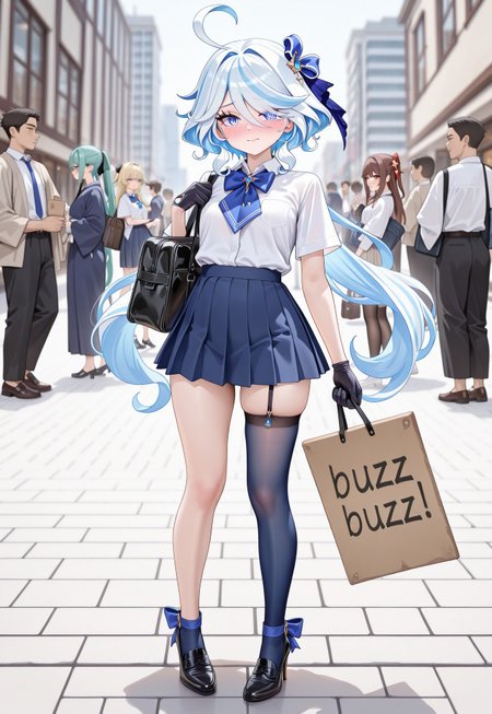masterpiece, best quality, absurdres, newest, very aesthetic, amazing quality,highres,, highres, ultra detailed, best anatomy, HDR, 8K, high detail RAW color art, high contrast, large pupil,detailed background,

,1girl,furina /(genshin impact/),genshin impact,

alternate costume,
bag,
black footwear,
blue skirt ,
aqua hair ,
blush ,
bow ,
bowtie ,
contemporary ,
garter straps,
gloves,,
hair ornament,
hair over one eye ,
hair ribbon,
high heels ,
legs ,
long hair ,
miniskirt ,
crowd,
neckerchief ,
pantyhose,
pleated skirt ,,
ribbon ,
school bag ,
school uniform ,
shirt ,
single leg pantyhose,
single thighhigh ,
skirt,
shy,
star /(symbol/),
star hair ornament,
thighhighs,
white shirt ,
holding sign of BUZZ BUZZ BUZZ BUZZ


,(artist:da_mao_banlangen:0.8),(artist:casino_(casinoep):0.7),(artist:fkey:0.7),(artist:mignon:0.7),(artist:torino aqua:0.5)