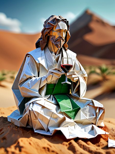 Full body illustration of ultra realistic very detailed origami Jesus Christ sitting in the desert drinking wine, he is wearing white robes with a green sash around his waist, he has brown hair and a brown beard, detailed origami face, detailed origami hands, detailed origami hair,  detailed origami beard, vibrant colors, high resolution, bokeh, highest contrast, masterpiece, 32k, high contrast, vibrant colors, vivid colors, high resolution textures, crisp colors, ultra sharp, sharp focus,
<lora:TQ_-_Fairy_Tale_Origami_Paintings:1>,   <lora:add-detail-xl:0.7>,  <lora:MJ52:0.2>,  <lora:WildcardX-XL-Detail-Enhancer:0.3>