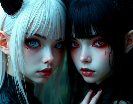 Photorealistic close-up of two female figures with contrasting features, one with white hair and blue eyes, the other with black hair and red eyes, both adorned with dark horns and dressed in gothic attire, their faces illuminated by soft, mysterious light.

cinematic lighting, extremely intricate detail character, accurate depiction of character, correct body anatomy, correct hands and fingers, extremely intricate skin and facial skin texture detail, lifelike potrayal, extremely realistic lighting, extreme dynamic pose. Extremely sharp detail without blurring.














