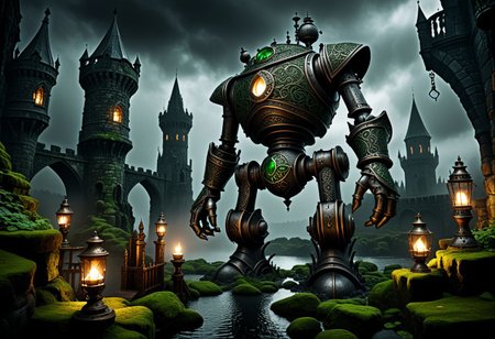 giant bipedal robot dirty dark silver and dark green, bronze paisley robot. lacy robot metal kettle head. outside of a steampunk keep. large detailed torso. dark image. one forty foot tall ancient robot with great arms and two heavy spring legs. dark foggy night background. $dark foggy night image only. dark photo realistic image. steampunk details. cogs, chains and pipes incorporated in the fantasy buildings. magic wizards tower in background. Dark swamp, moss, castle ruins, wizards tower. stormy dark night.  stormy sky.