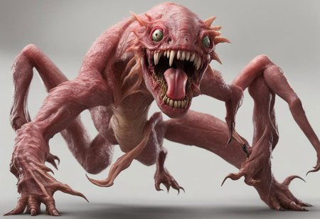 masterpiece, best quality, awsome details, smal fragile monster, skin like flesh  no nose, 3 tongues, 3 eyes, shapre long stick out teeth