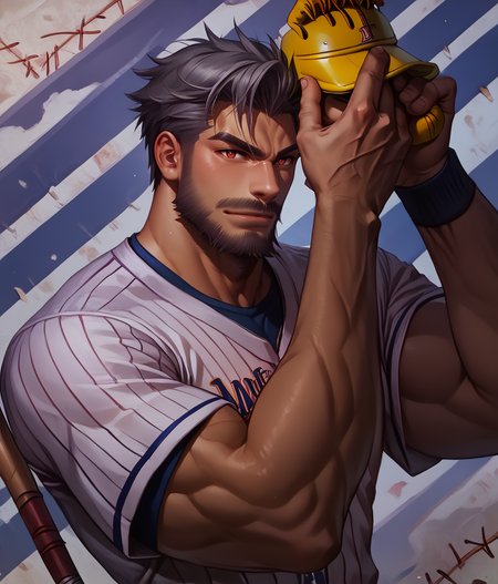 score_9, score_8_up, realistic, rating_questionable, bif, facial hair, beard, 
<lora:clothes_baseball-uniform-ponyxl-lora-nochekaiser:.7> baseball uniform, baseball, striped belt, shirt under shirt, sportswear, ribbed shirt, baseball helmet, baseball bat, baseball jersey, baseball field, holding baseball bat,
<lora:face_Adray_Lasbard:1>, AdrayLasbard, mature male, grey hair, short hair, red eyes, facial hair, mustache, muscular, arm tattoos, 
glossy skin, 1 muscular male, handsome, short hair, detailed background, bara,, mature,
<lora:egg_leonard-04:.4><lora:style_Concept Art DarkSide Style LoRA_Pony XL v6:1><lora:slider_skin tone slider_last:-1>,<lora:slider_Body Type_alpha1.0_rank4_noxattn_last:1>
