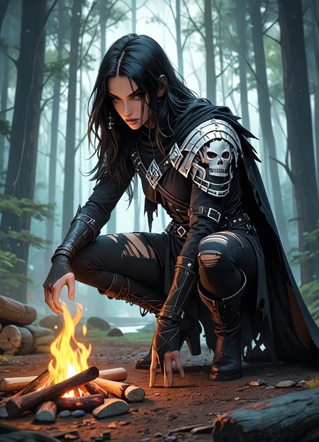 score_9, score_8_up, score_7_up,  art by Aleksi Briclot, full body image, dynamic pose, dark, alluring sorceress wearing torn leather cape, long black hair, black thigh high boots, crouching before a campfire, dark colored horse in the background, dark forest background
  <lora:Fant5yP0ny:0.5>  <lora:add-detail-xl:0.6>   <lora:EnvyPonyPrettyEyes01:0.4> <lora:g4n1m3XLP:0.6>