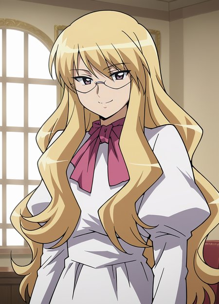 <lora:Eleonore-Zero_no_Tsukaima:0.85>,Eleonore,1girl,solo,blonde hair,long hair,glasses,dress,ribbon,upper body, looking at viewer, indoors,smile