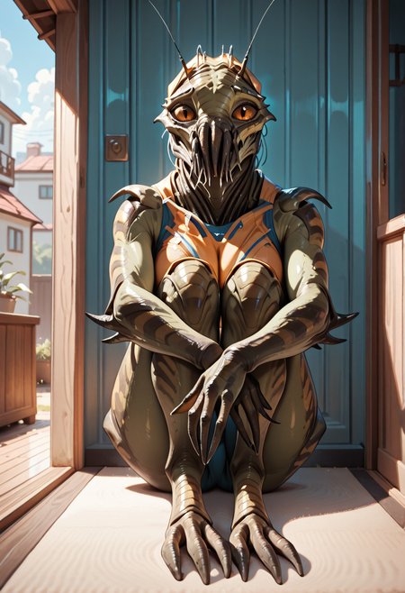 masterpiece, best quality, very aesthetic, newest, 2024,  pr4wn, alien, solo, raised inner eyebrows, Hugging own legs, house