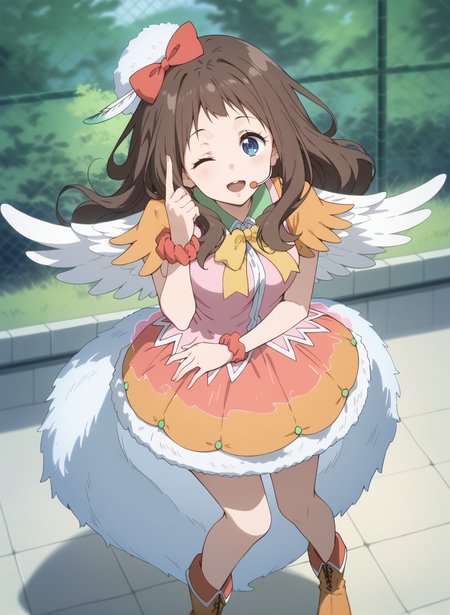 score_9,score_8_up,score_7_up,source_anime,anime,nsfw,rating_explicit,uncensored,High quality,Ultra detailed,best quality,insanely detailed,beautiful,masterpiece,perfect lighting BREAK
<lora:shindou_ai_V1:1>,(shindou_ai, long hair, brown hair, blue eyes, idol,angel wings,bow,boots,feathered wings,dress,feathers,hair bow,headset,scrunchie,frilled skirt,wings,wrist scrunchie,fur tail),1girl,solo,laughing,thinking,outdoors,looking_at_viewer,solo_focus,from_above,