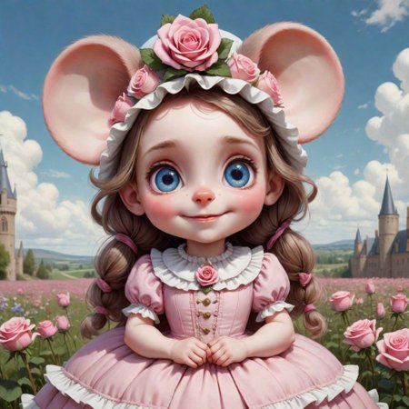 pltn style, Pretty in Pink. Chibi kawaii. Ultra detailed Portrait adorable anthropomorphic cute fluffy little smiling mouse princess with big eyes and a big flower hat dressed as a noble person,, royal regalia, mouse ears, blue sky, white clouds. spring, flower meadow, roses. Craig Davison, Jean-Baptiste Monge, Peter Paul Rubens, George Stubbs, John William Waterhouse, Beatrix Potter, Rosa Bonheur, vintage Disney, Pixar.By Nabu,  , cute big circular reflective eyes, Pixar render, unreal engine cinematic smooth, intricate detail