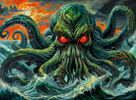 masterpiece,high resolution, <lora:Cthulhu-XL-9:0.8>,
cthulhu, tentacles, red eyes, no humans, glowing eyes, ocean, cloud, glowing, illustration, monster,orange theme,oil painting