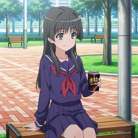 nsfw, masterpiece, best quality, amazing quality,1girl, solo, index_railgun_saten_ruiko, standing, smile, sitting, sakugawa school uniform, winter uniform, black hair, green eyes, long hair, blue serafuku, blue pleated skirt, long sleeves, blue sailor collar, hair ornament, hair flower, red neckerchief, bangs, bench, can, park, <lora:Saten_Ruiko_-_Index_Railgun:0.7>