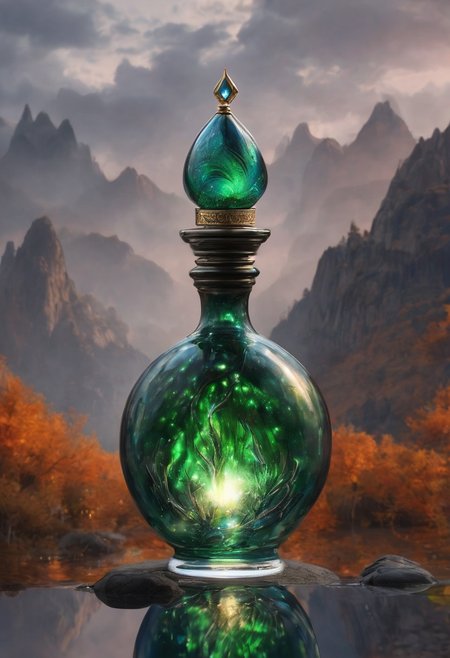 Score_9, Score_8, high_def, highest quality, 4k, best quality, masterpiece, focused, defined, Photorealistic magic potion, intricate glass bottle, elixir, vibrant blue and green colors, blazing with fiery intensity, ethereal light, wax seal, radiant golden highlights, magic lights, luminous, dynamic reflections, magical aura, highly detailed, fantasy essence, glowing ember-like particles, radiant aura, with streaks of molten orange and shimmering metallic accents, evoking a sense of epic power and grandeur