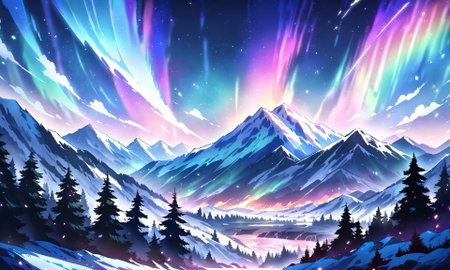 masterpiece, best quality, high quality, intricate, absurdres, very aesthetic, 
no humans, 
landscape, outdoors, nature, night,
mountain tops, snowy mountain, rocky mountains,
river, spring, sparkling water, mist, 
lava, magma stream, volcano in background,
trees, evergreen trees, windy, visible wing, wind lines, aurora,
ultra wide angle shot, cinematic style, highly detailed, majestic, shallow depth of field, movie still, hard light, circular polarizer, colorful, wallpaper, anime