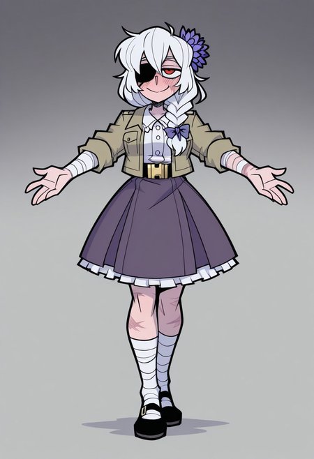 masterpiece, best quality, aesthetic, colorful, vanripper, BREAK,  1girl, solo, (tall, slanted eyes, red eyes, black plain eye patch, white hair, braid, hair over shoulder, (Hyacinth flower in hair:1.1), khaki military jacket, rolled sleeves black belt, gold buckle, frilly skirt, closed jacket, white shirt collar, purple skirt, (scars, burn scars,) bandages over neck, bandages over arms, bandages over legs, leg wraps, mary janes, black footwear,) outstretched_arms, smiling, blushing, offering hug,