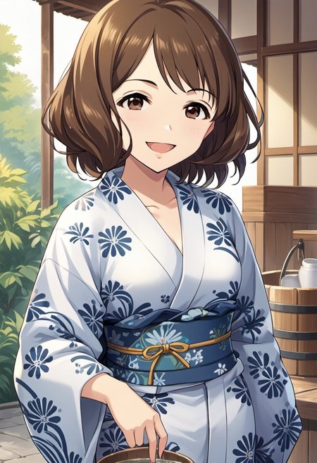 score_9, score_8_up, score_7_up, source_anime, nagatomi hasumi, brown hair, brown eyes, short hair, 1girl, solo, japanese clothes, yukata, kimono, open mouth, smile, bucket, looking at viewer
