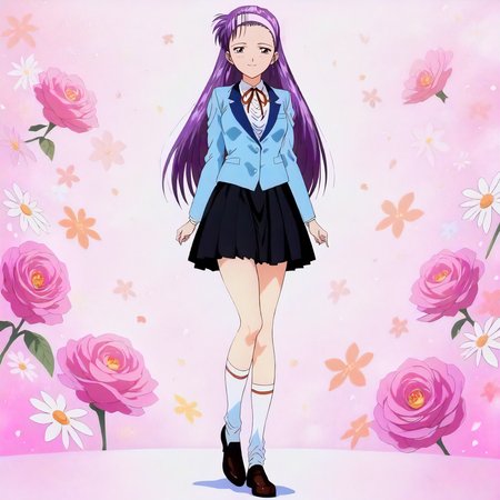 <lora:ZSBGP0_saionji_reikoXLanimagine001>,
masterpiece,high score,great score,absurdres,
flower background,glitter,
smile,
looking at viewer,
solo,
anime coloring,1990s \(style\),
saionji_reiko\(zenkoku_seifuku_bishoujo_grand_prix\),1girl,purple hair,long hair,hairband,forehead,brown eyes,
blue blazer,neck ribbon,
black skirt,pleated_skirt,
socks,loafers,
full body,
standing,