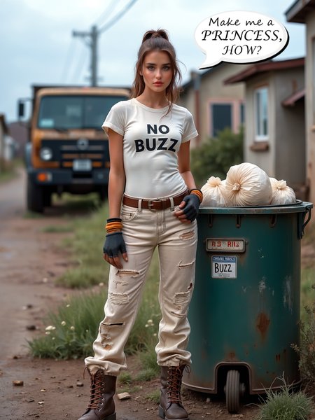 cinematic film still a woman standing next to a trash can with a bag of stuff in it and a truck behind her, her T-shirt says NO BUZZ, the trash can says BUZZ, a word bubble says MAKE ME A PRINCESS, HOW?.  Christian Hilfgott Brand, promotional image, a stock photo, ecological art  <lora:Flux-style-xl-lora:.5> <lora:add-detail-xl:.5> . shallow depth of field, vignette, highly detailed, high budget, bokeh, cinemascope, moody, epic, gorgeous, film grain, grainy