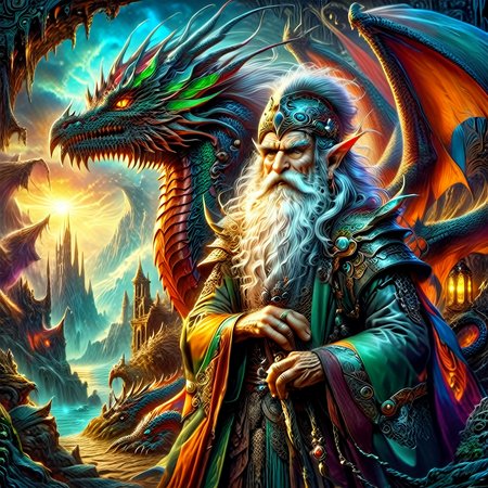 Old wizard with a long white beard with his dragon with cyberpunk enhancements., 1980s fantasy style, Masterpiece realistic, best high quality, perfect details, intricate details, nice lighting, detailed background,<lora:1980s_Fantasy_Style_SDXL:1.0>
