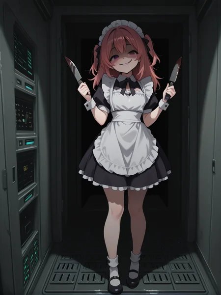 high quality,  full body, <lora:CivChan:1> civchan, yandere,  server, evil smile, holding knife,  oil,