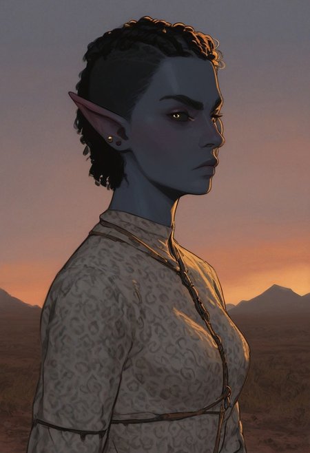 safe_pos, solo, short pointy ears, full body, action stance, piercings, random elf face, aquiline features, female dark elf, brow rings, beaded piercings, weathered skin, blue-grey skin, large nose, insect chitin armor, insect chitin helmet, insect chitin ornaments, stylized insect pattern, athletic build,  animated realism, zoomed out, Syrian features, torso, yurts, tents, native camp, elegant berber tapestries, dead desert trees, ash dunes, distant volcano, ashy soil, grey green foliage, distant grey hills, sunrise, gloomy lighting, grey fabric awnings, dark wood posts, light dust clouds, grey-blue skin, mahogany and ivory clothes, medium armor, bone plate armor, ivory straps and fittings, alien bone ornaments, grey wood neckguard, medium_breasts, grey sclera, black pupils, blue-green light, neon, highly detailed, defined features, looking at viewer, three quarters view, from side, dynamic lighting, 29 years old, light and shadows, patterned cloth, annoyed expression, expressive eyes, detailed medieval clothes, short hair, wavy hair, thick hair, beaded hair, braided hair, under cut hair, semirealistic, alien elf, spanish features, jewish features, black hair, dark red hair, desaturated blue skin, sharp features, pastel green inuit print cloak, nighttime, high detail, absurdres, pretty eyes, detailed eyes, yellow eyes,