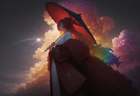 masterpiece, best quality, absurdres,hyper realistic,detailed eyes,
1 female solo,((((Cloud hair)))),long hair,blue eyes,kitsune tails,white kimono,red sleeves,golden embroidery,
wide shot,from side,feet out of frame,low angle,
looking to the left,sun umbrella,washi umbrella,multicollored umbrella,red umbrella,black umbrella,

white background, ((((huge fluffy Clouds)))),((((rainbow gradient cloud))))