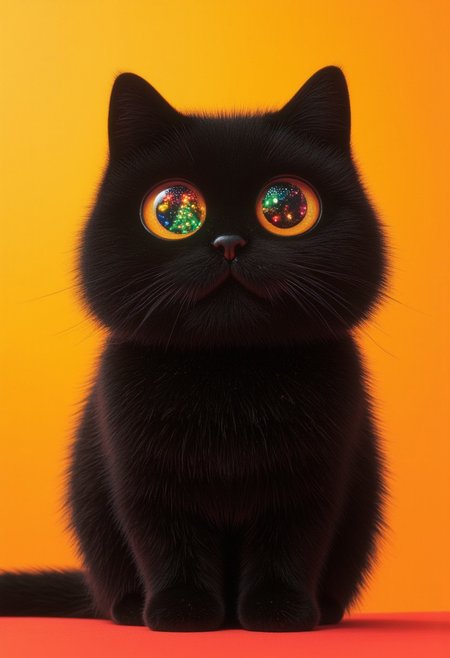 A serene yet captivating scene featuring a thick, black, fluffy cat sitting against a vibrant orange backdrop. Its wide, inquisitive eyes are filled with a magical reflection—a brightly lit Christmas tree adorned with colorful ornaments and twinkling lights. The reflection shimmers in the cat's dark, glossy eyes, capturing the warmth and joy of the holiday season while hinting at a world beyond the frame.
The backdrop remains a rich, contrasting orange, casting a gentle, golden glow that enhances the cat’s velvety fur. Soft, directional lighting highlights the luxurious texture of its thick coat and the rounded contours of its expressive face. Shadows fall subtly, framing the cat’s elegant form without overwhelming the simplicity of the composition.
The cat sits upright, its tail wrapped gracefully around its side, exuding quiet confidence and curiosity. Tiny glints of lighter fur on its chest catch the soft light, adding depth and dimension to its otherwise inky silhouette. The atmosphere is peaceful and festive, with the vivid orange background providing a sense of warmth that complements the shimmering, colorful lights reflected in the cat’s eyes. This intimate moment captures the blend of feline curiosity and the quiet magic of the holiday season.