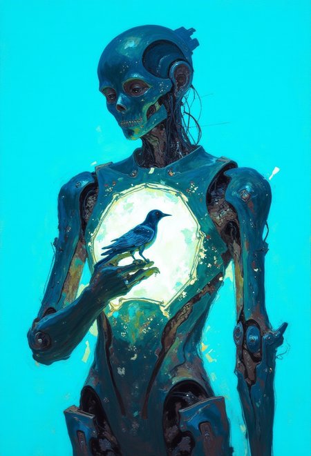 DB4RZ,<lora:FLUX-daubrez-DB4RZ-v2:1>, A robot with a glowing chest cavity holds a small bird in its hand against a bright blue background. The robot's expression is somber, with closed eyes and a downward tilt of the head. The style is digital art, with visible brushstrokes and a high level of detail in the robot's design. The lighting is dramatic, with a bright, almost ethereal glow emanating from the chest cavity. The background is a solid, saturated blue, with no visible details or textures. The image has a slightly grainy texture and a high level of contrast, with deep shadows and bright highlights.